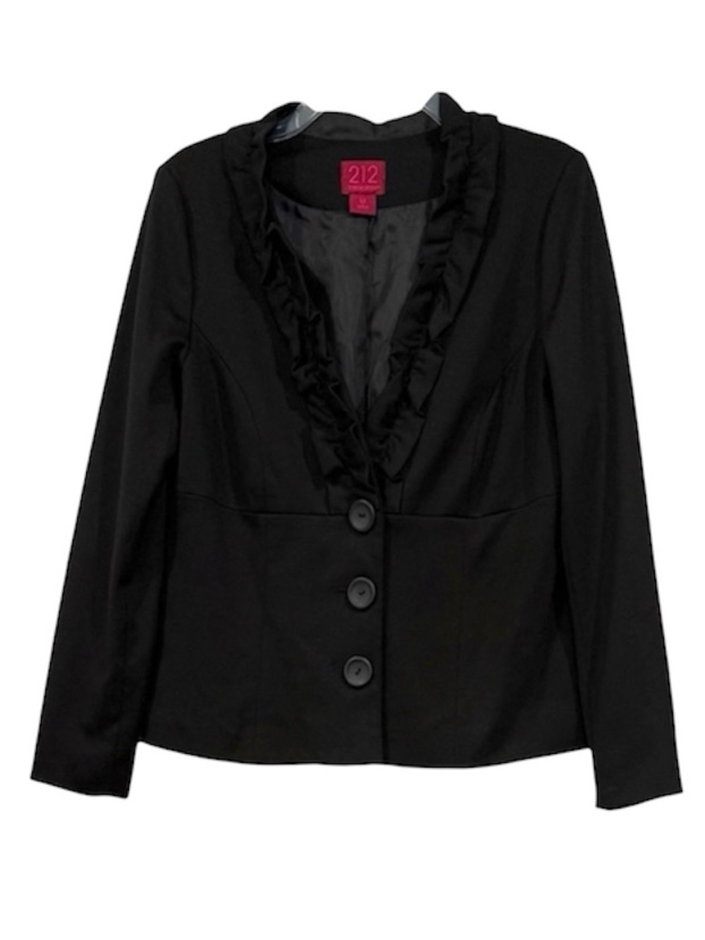 Black Ruffle Trim Blazer Women Size 12 Tailored Office Work Jacket
